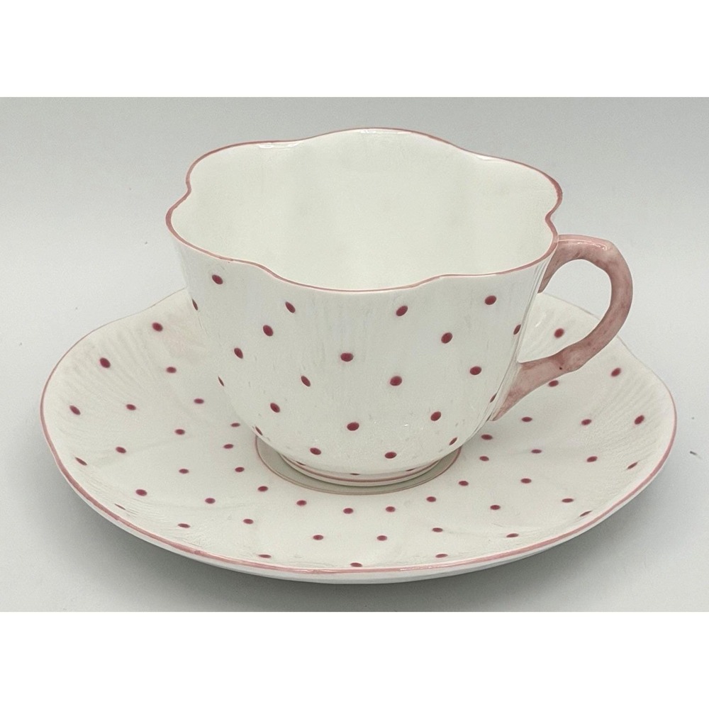 Shelley England Tea Cup Saucer Set White Pink Polka Dots Fine Bone China EUC